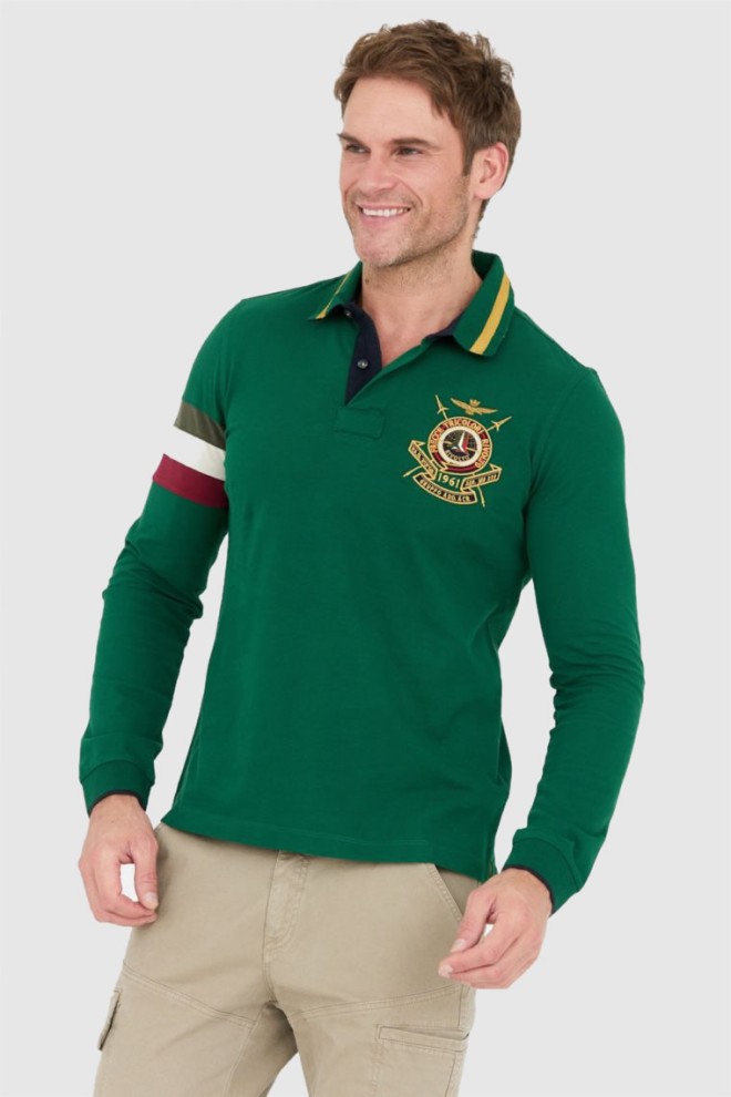 AERONAUTICA MILITARE Green long sleeve polo with embroidered logo