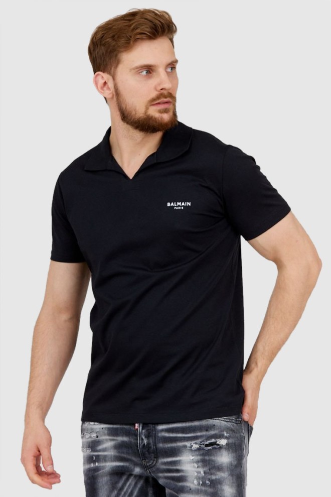 BALMAIN Black polo shirt with velvet logo