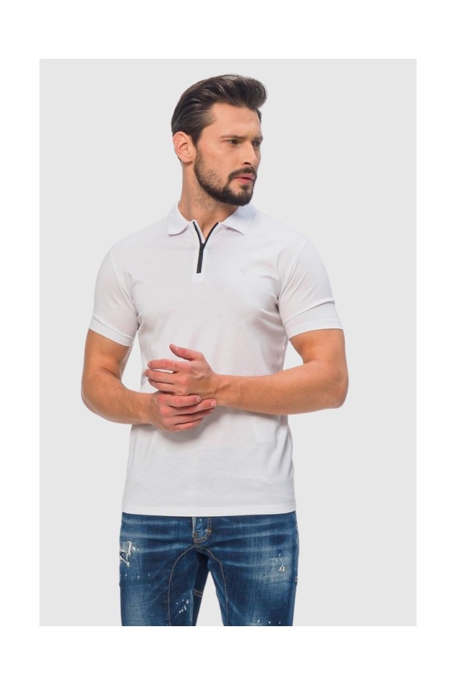 EMPORIO ARMANI Tricou polo alb cu fermoar pentru bărbați
