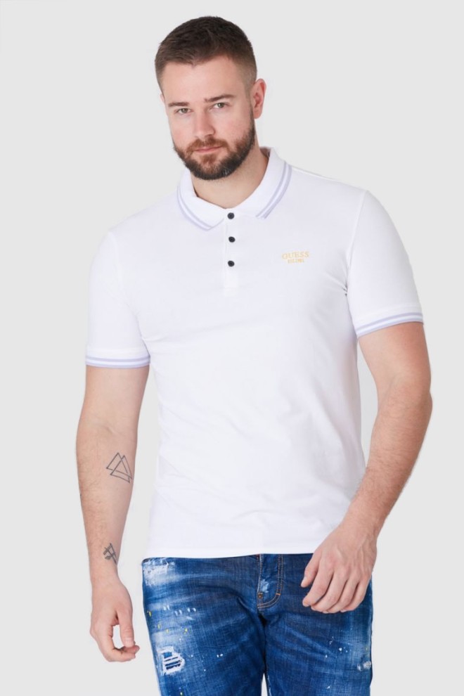 GUESS Tricou polo alb pentru bărbați cu logo brodat