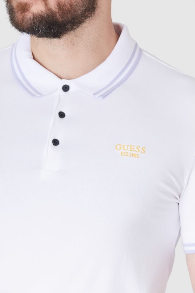 GUESS Tricou polo alb pentru bărbați cu logo brodat