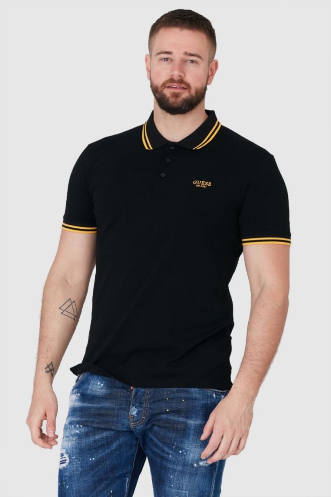 GUESS Tricou polo negru pentru bărbați cu logo brodat