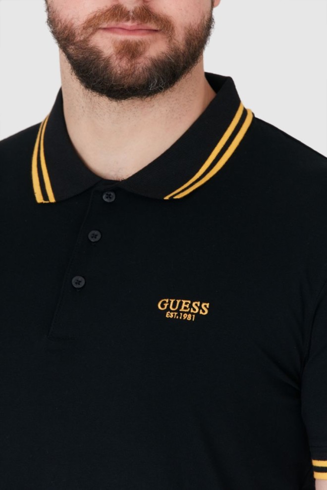 GUESS Tricou polo negru pentru bărbați cu logo brodat