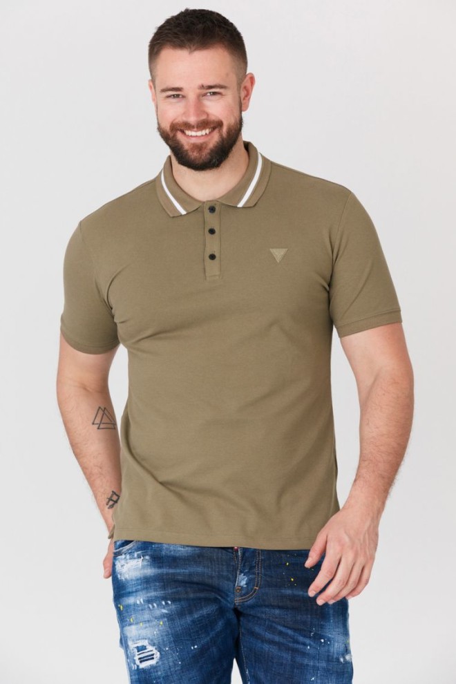 Tricou polo GUESS kaki pentru bărbați cu guler în dungi