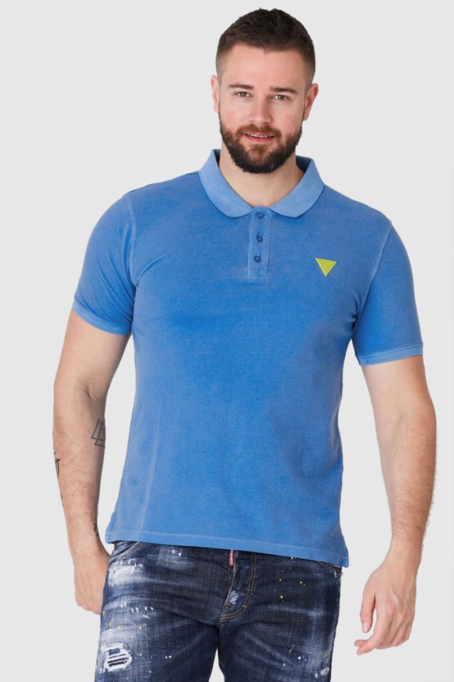 GUESS Tricou polo albastru pentru bărbați cu logo galben