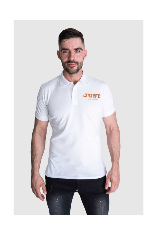 JUST CAVALLI Tricou polo pentru bărbați, alb, auriu, cu logo argintiu