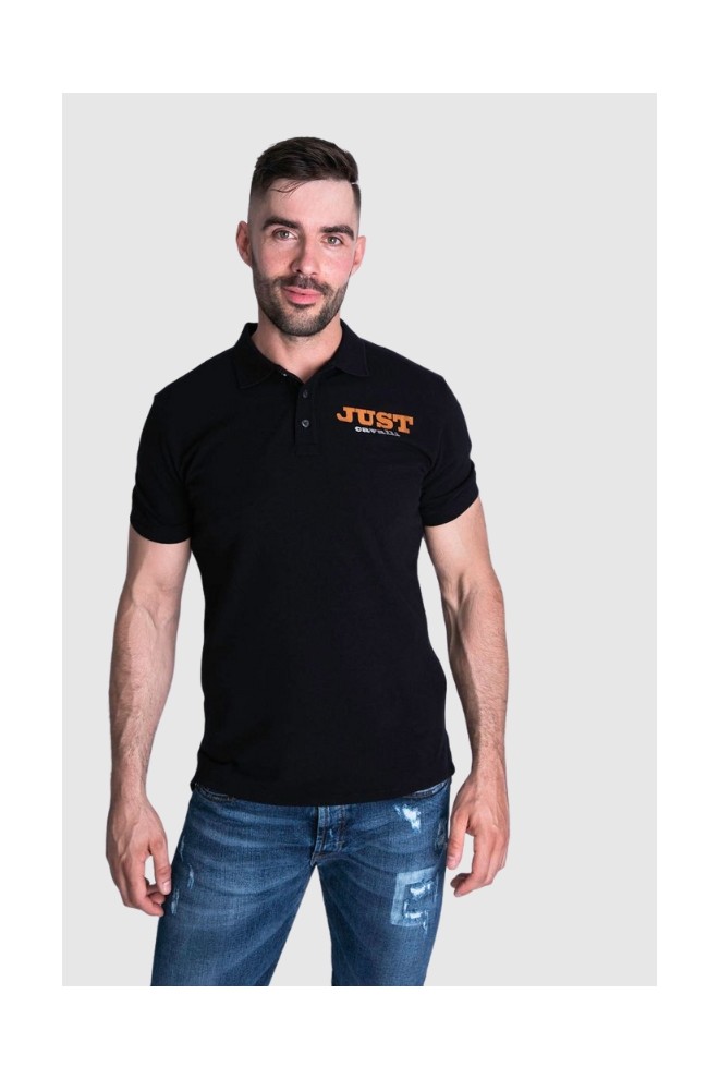 JUST CAVALLI Tricou polo pentru bărbați, negru auriu cu logo argintiu