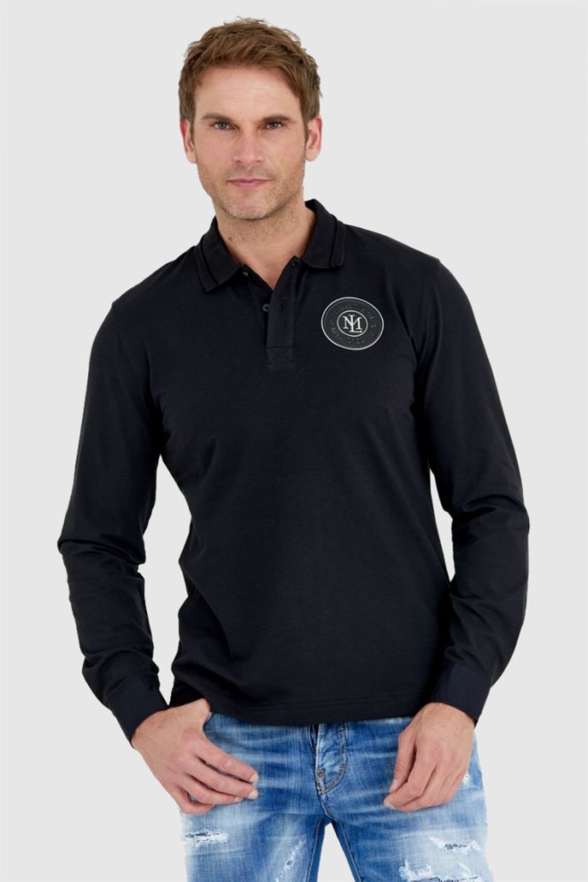 LA MARTINA Black men's long sleeve polo with round logo