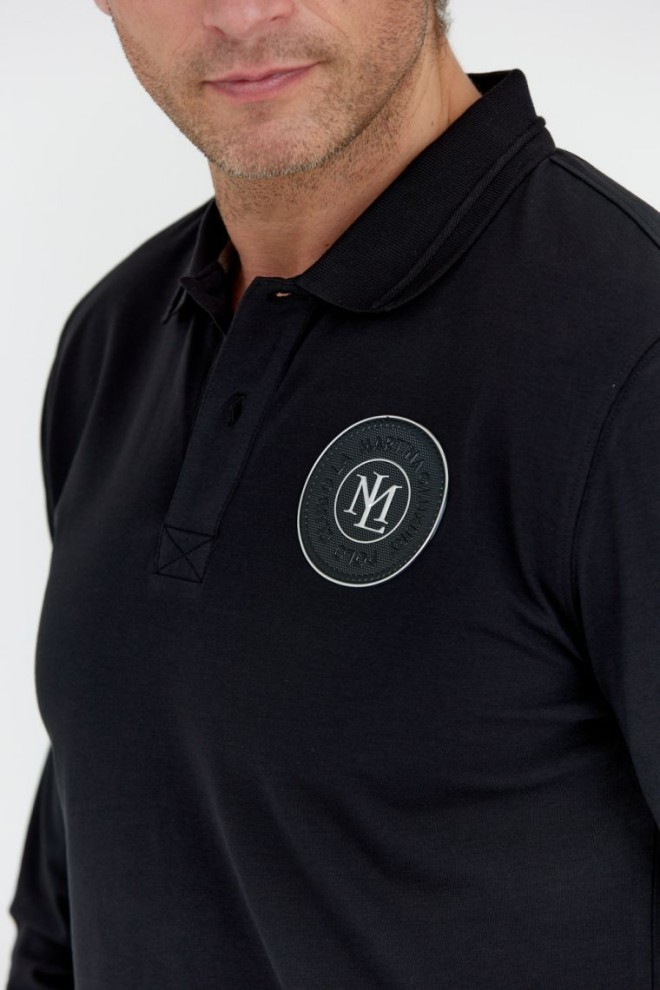 LA MARTINA Black men's long sleeve polo with round logo