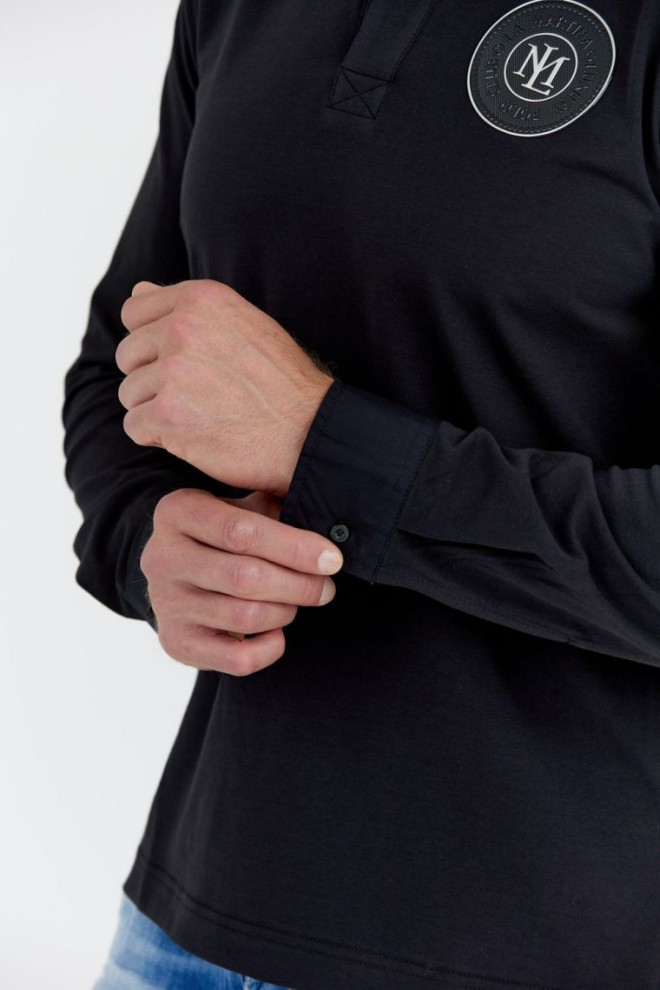 LA MARTINA Black men's long sleeve polo with round logo