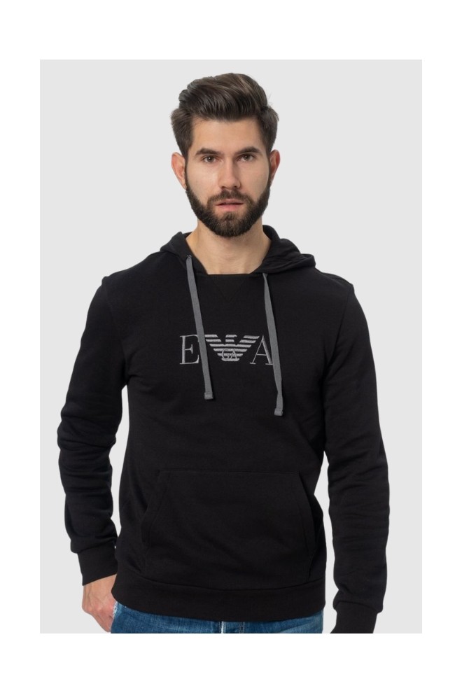 EMPORIO ARMANI Black men's hoodie with embroidered logo