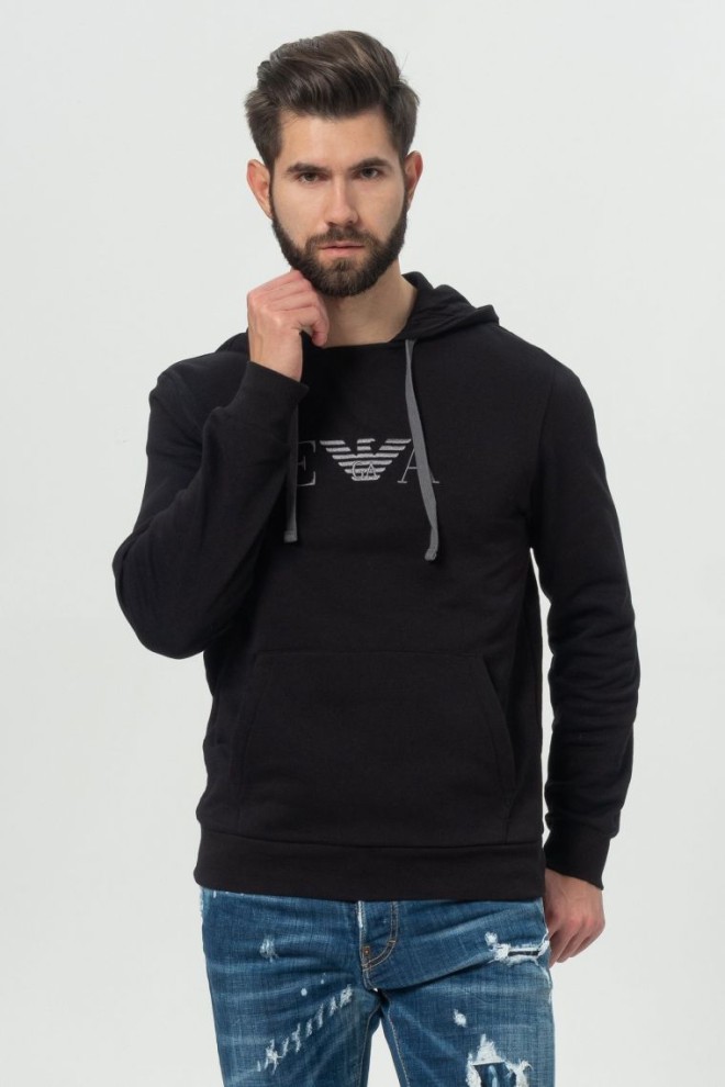 EMPORIO ARMANI Black men's hoodie with embroidered logo