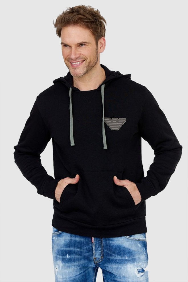 EMPORIO ARMANI Black men's hoodie with grey logo