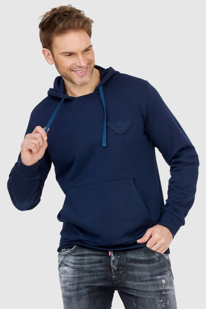 EMPORIO ARMANI Navy blue men's hooded sweatshirt with logo