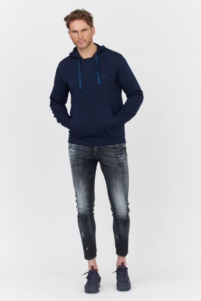 EMPORIO ARMANI Navy blue men's hooded sweatshirt with logo