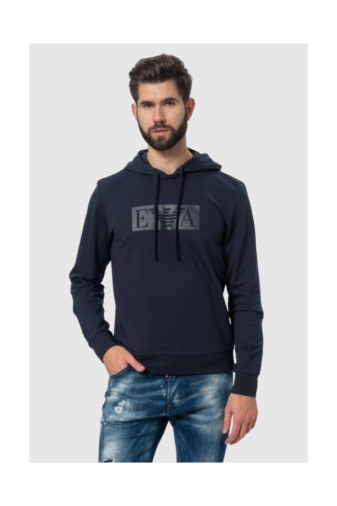 EMPORIO ARMANI Men's navy blue hooded sweatshirt with logo