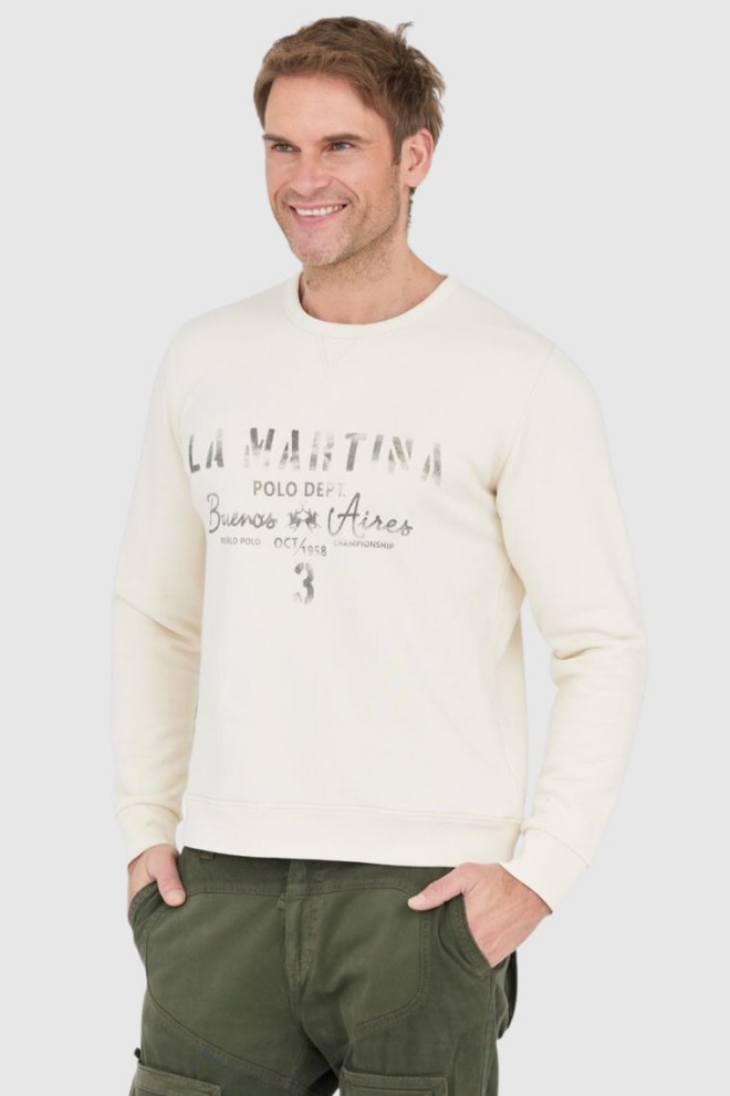 LA MARTINA Ecru men's sweatshirt with vintage logo