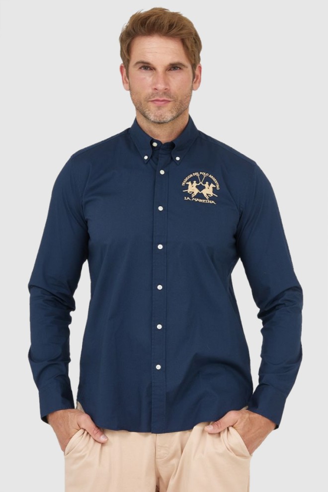 LA MARTINA Navy blue men's poplin stretch shirt