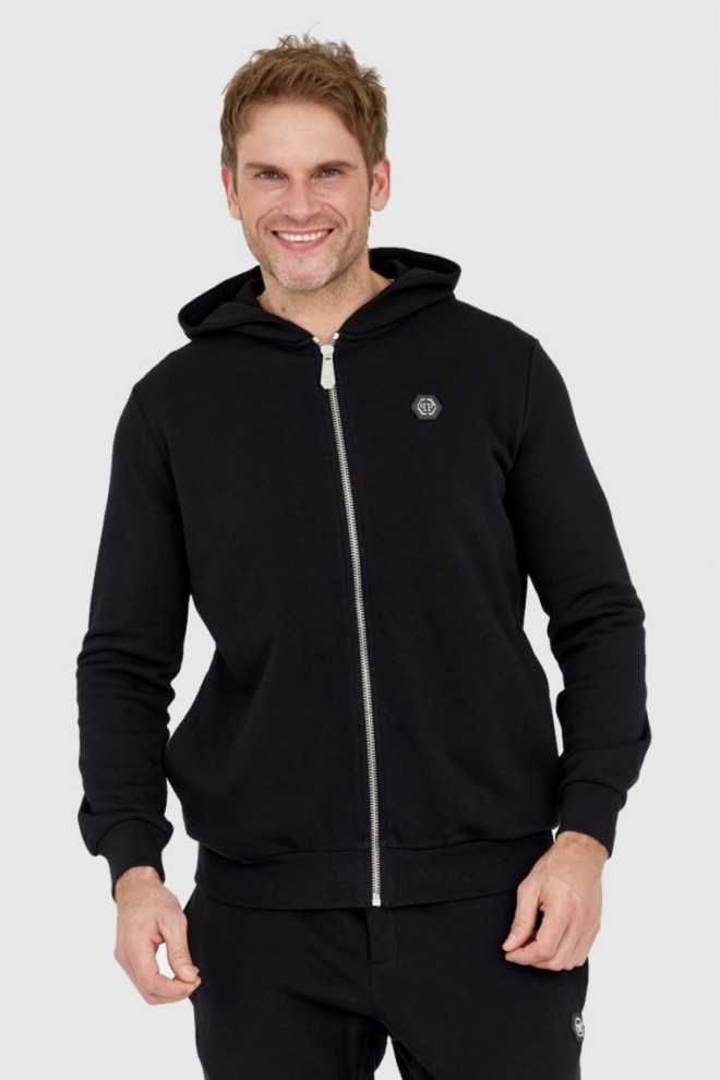 PHILIPP PLEIN Black unbuttoned men's hexagon hooded sweatshirt