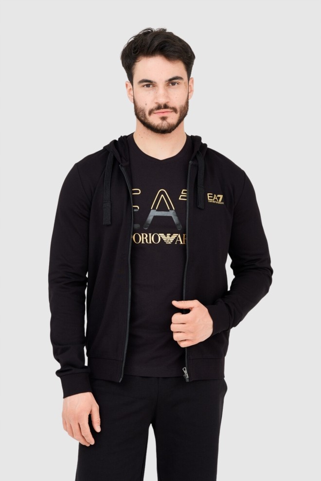 EA7 Hanorac negru cu glugă pentru bărbați, cu logo auriu