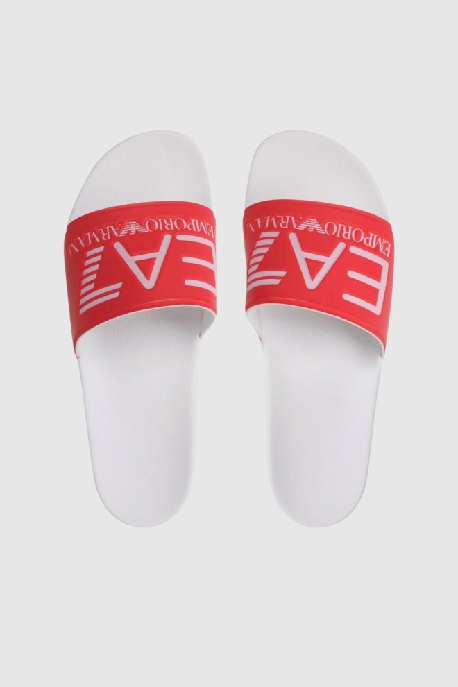 EA7 coral and white logo flip-flops