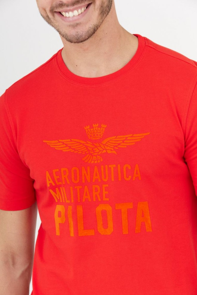 AERONAUTICA MILITARE Tricou bărbătesc din bumbac portocaliu cu logo de catifea
