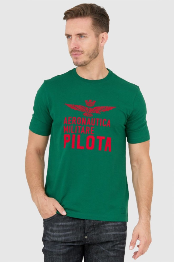 AERONAUTICA MILITARE Zielony t-shirt męski z aksamitnym logo