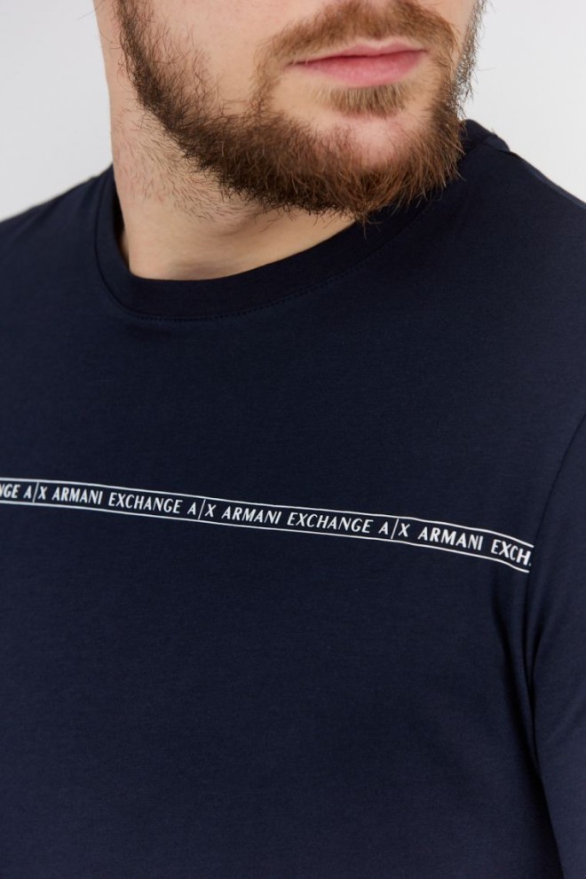 Tricou ARMANI EXCHANGE albastru marin cu dungă logo pentru bărbați