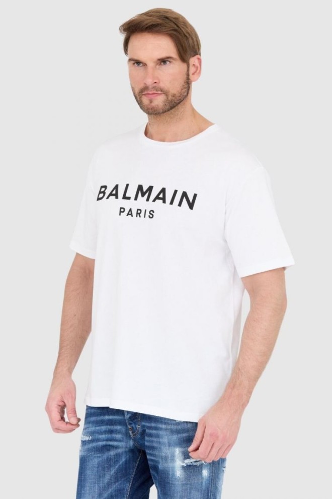 BALMAIN White men's t-shirt with printed black logo