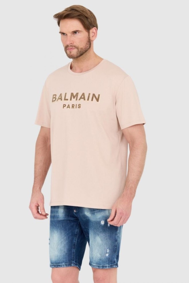 BALMAIN Tricou bărbătesc bej cu logo de catifea și folie