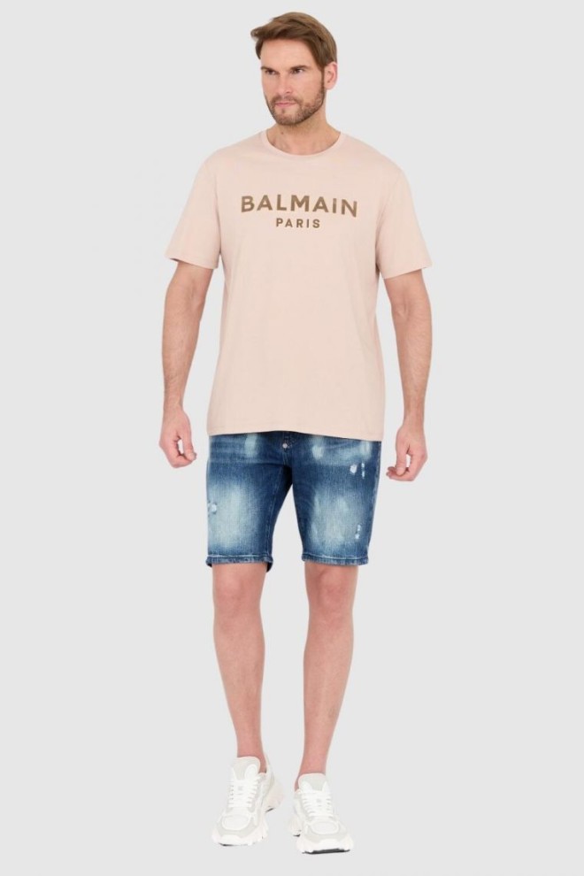BALMAIN Tricou bărbătesc bej cu logo de catifea și folie