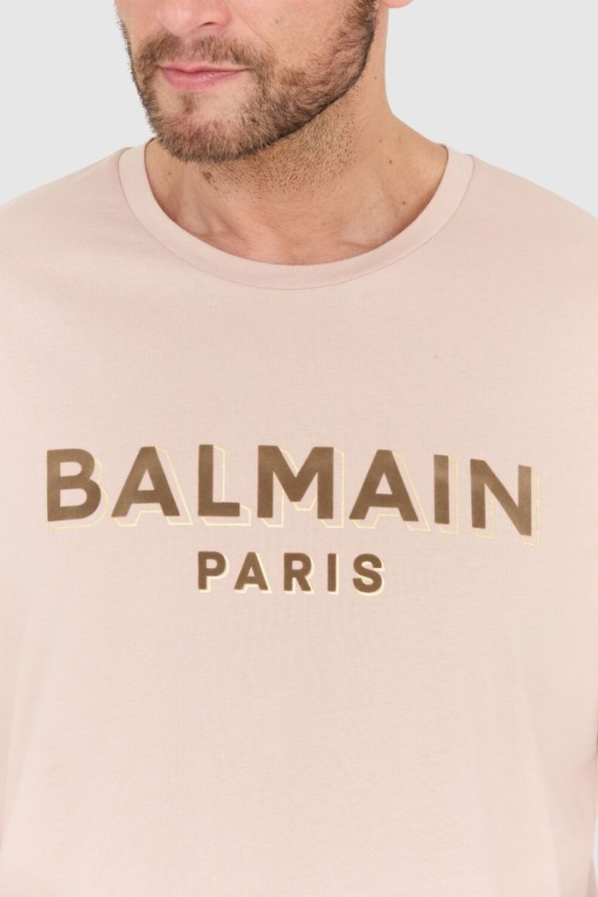 BALMAIN Tricou bărbătesc bej cu logo de catifea și folie