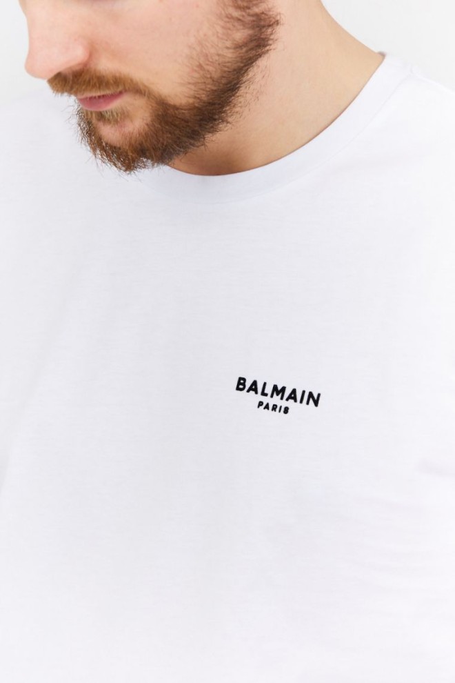 BALMAIN Tricou alb pentru bărbați cu logo mic din catifea