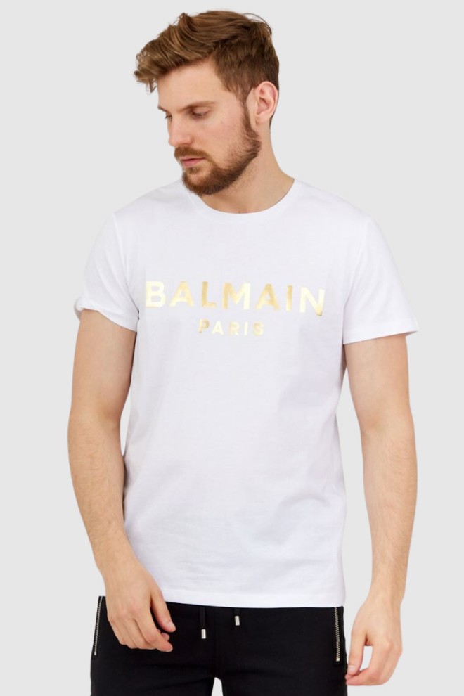 BALMAIN White men's t-shirt with gold logo