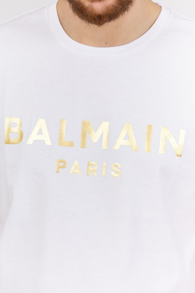 BALMAIN White men's t-shirt with gold logo