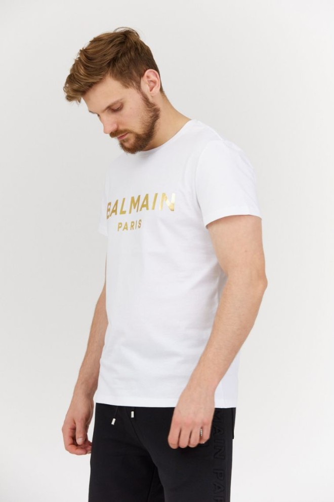 BALMAIN Tricou alb pentru bărbați cu logo auriu