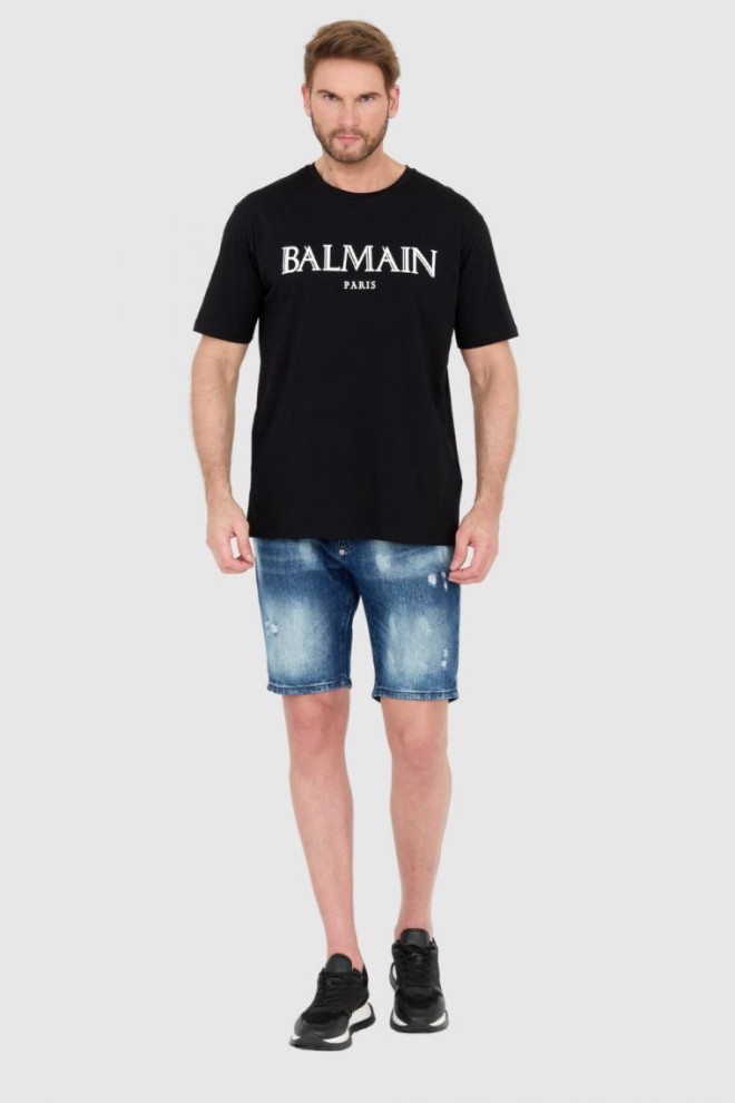 BALMAIN Tricou negru pentru bărbați cu logo din cauciuc în relief