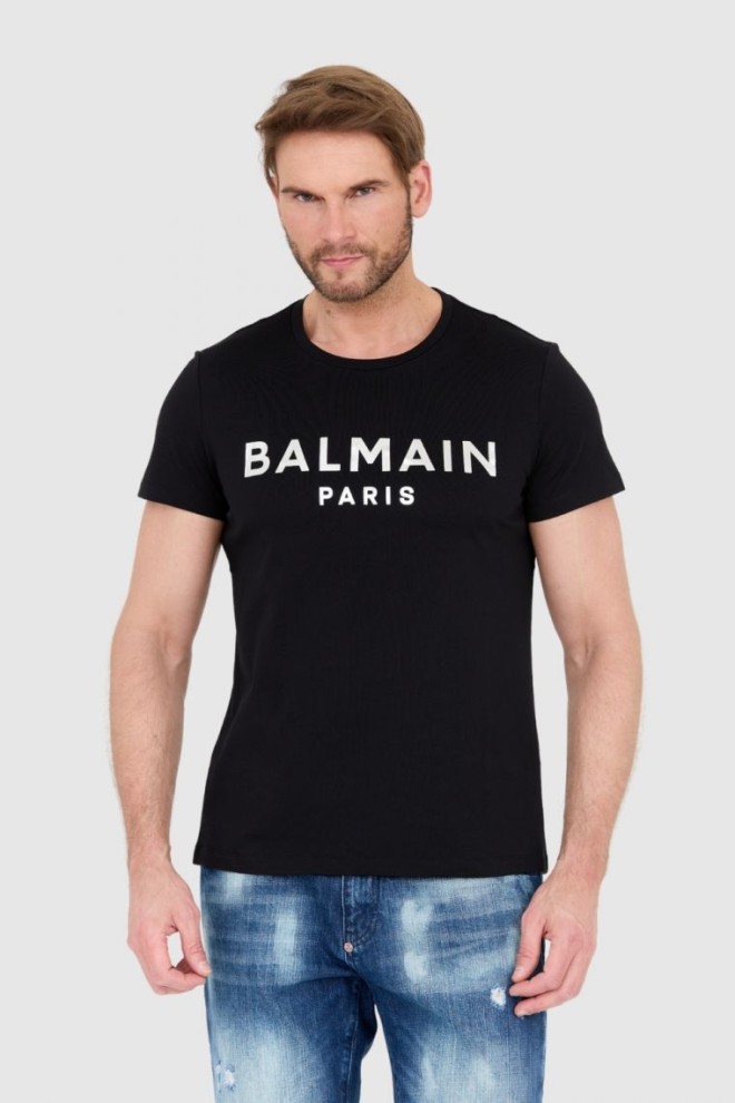 BALMAIN Black men's t-shirt with silver logo