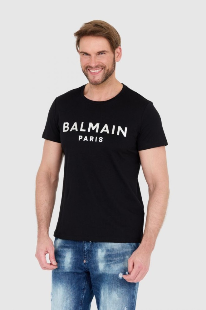 BALMAIN Black men's t-shirt with silver logo