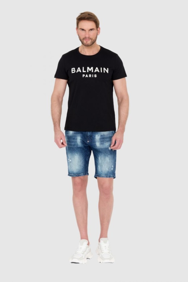 BALMAIN Czarny t-shirt męski ze srebrnym logo