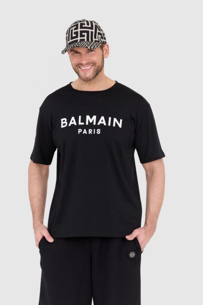 BALMAIN Black men's t-shirt with printed white logo