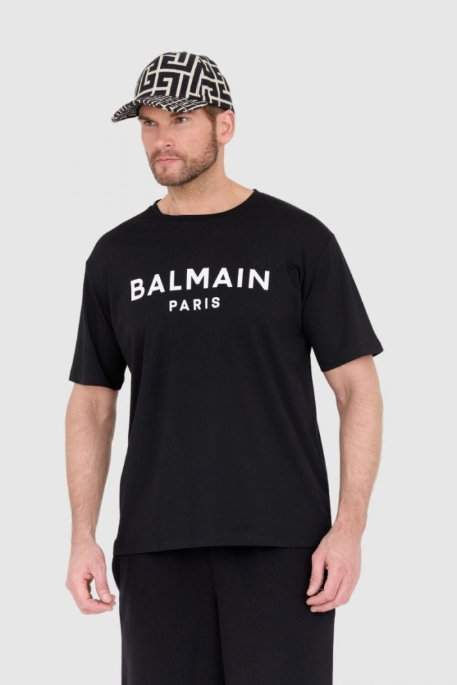 BALMAIN Tricou negru pentru bărbați cu logo imprimat alb
