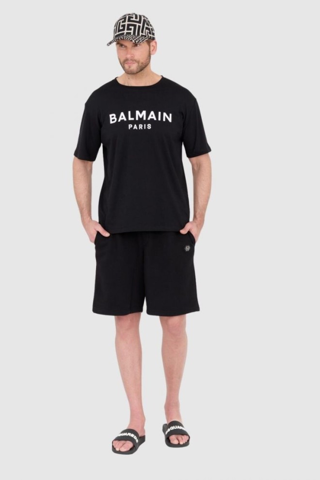 BALMAIN Black men's t-shirt with printed white logo