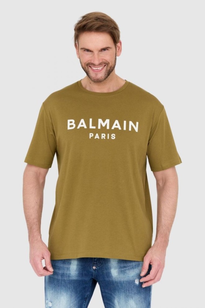 BALMAIN Tricou verde pentru bărbați cu logo imprimat alb