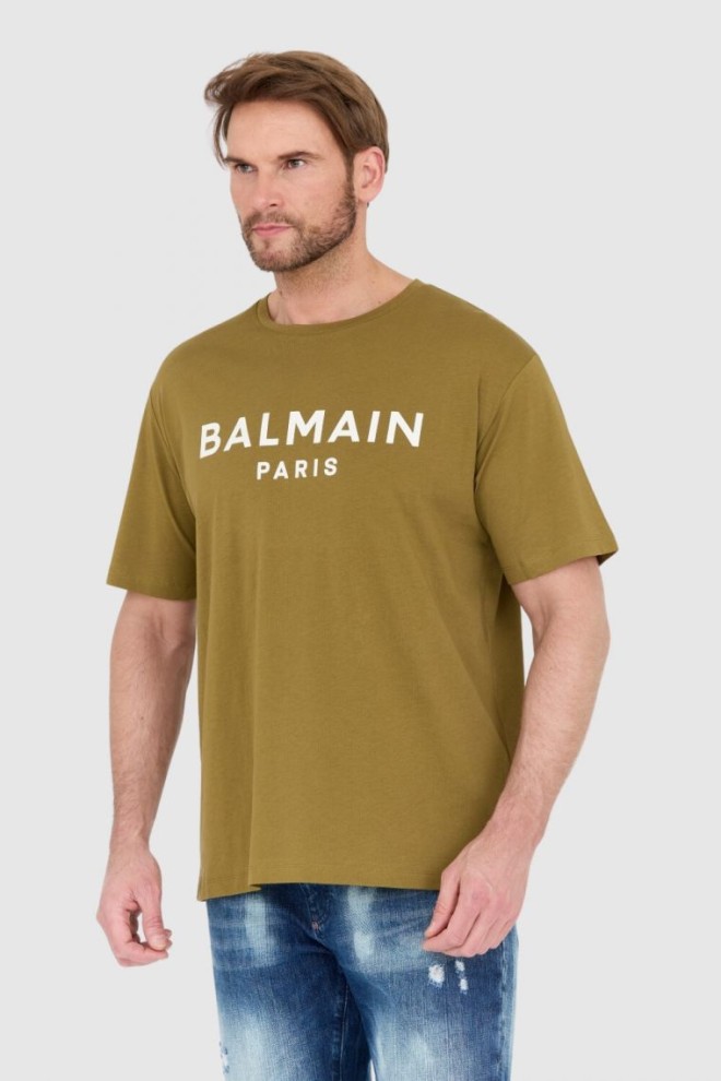 BALMAIN Tricou verde pentru bărbați cu logo imprimat alb