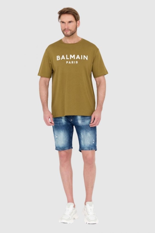 BALMAIN Green men's t-shirt with printed white logo