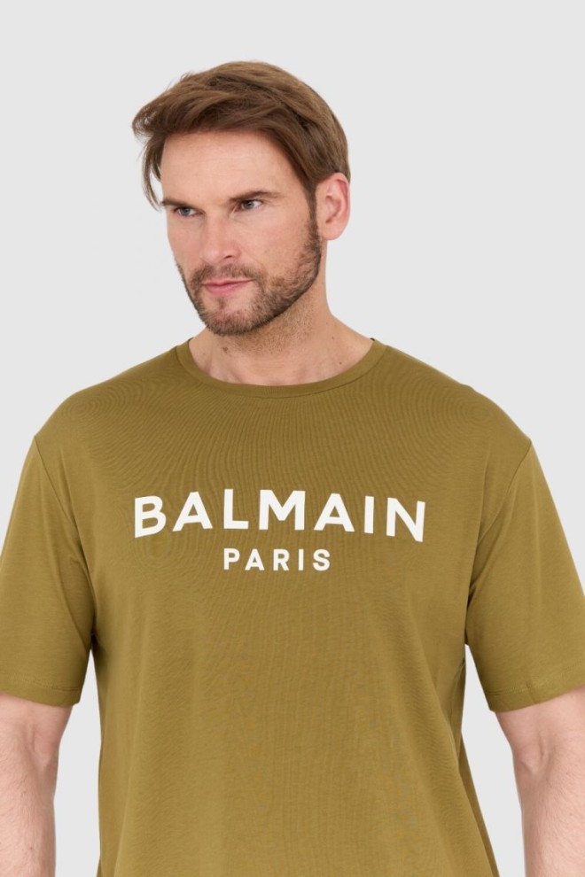 BALMAIN Tricou verde pentru bărbați cu logo imprimat alb