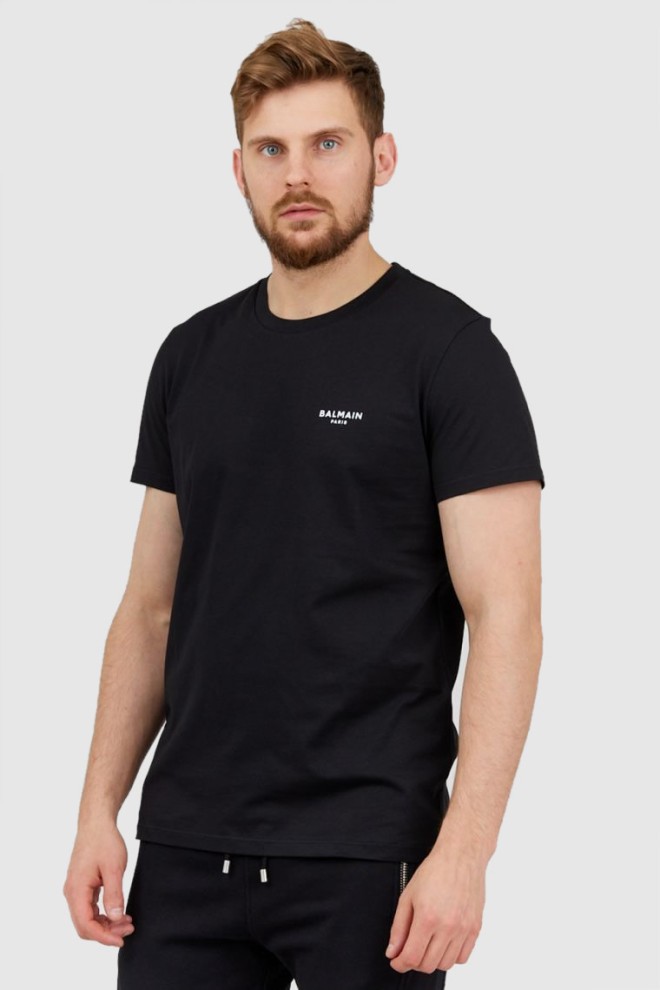 BALMAIN Black men's t-shirt with small velvet logo