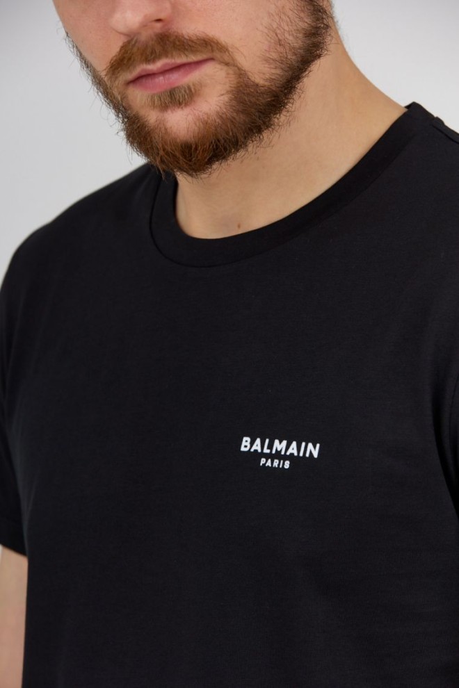 BALMAIN Black men's t-shirt with small velvet logo