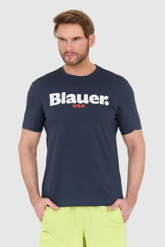 BLAUER Navy blue men's t-shirt with large logo